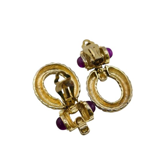 Vintage 80s 2-Tone Purple Mogul Rhinestone Twisted Gold-Plated Hoop Earrings - Picture 7 of 8